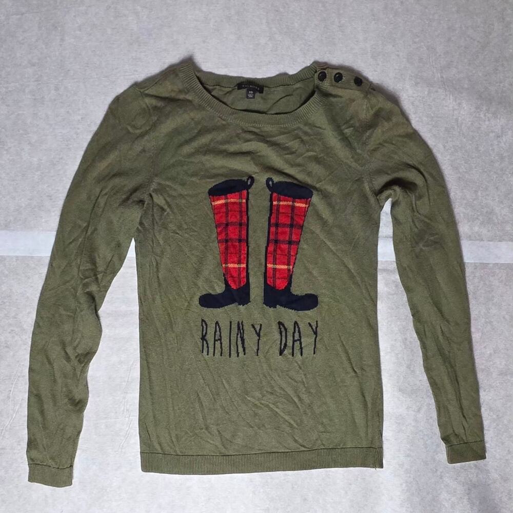 Talbots Olive Green Rainy Day Rain Boots Themed Pullover Knit Sweater Sz XS